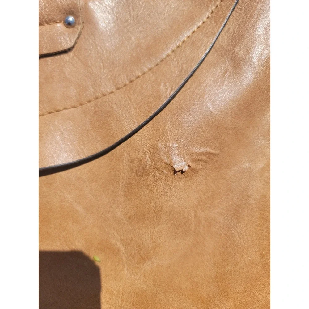 Tan Faux Leather Canvas‎ Hobo Shoulder Bag Tassel Zip Trim Distressed
